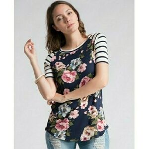 New! LAST ONE! Fashionomics Jersey Floral Striped tee S/L Super Soft